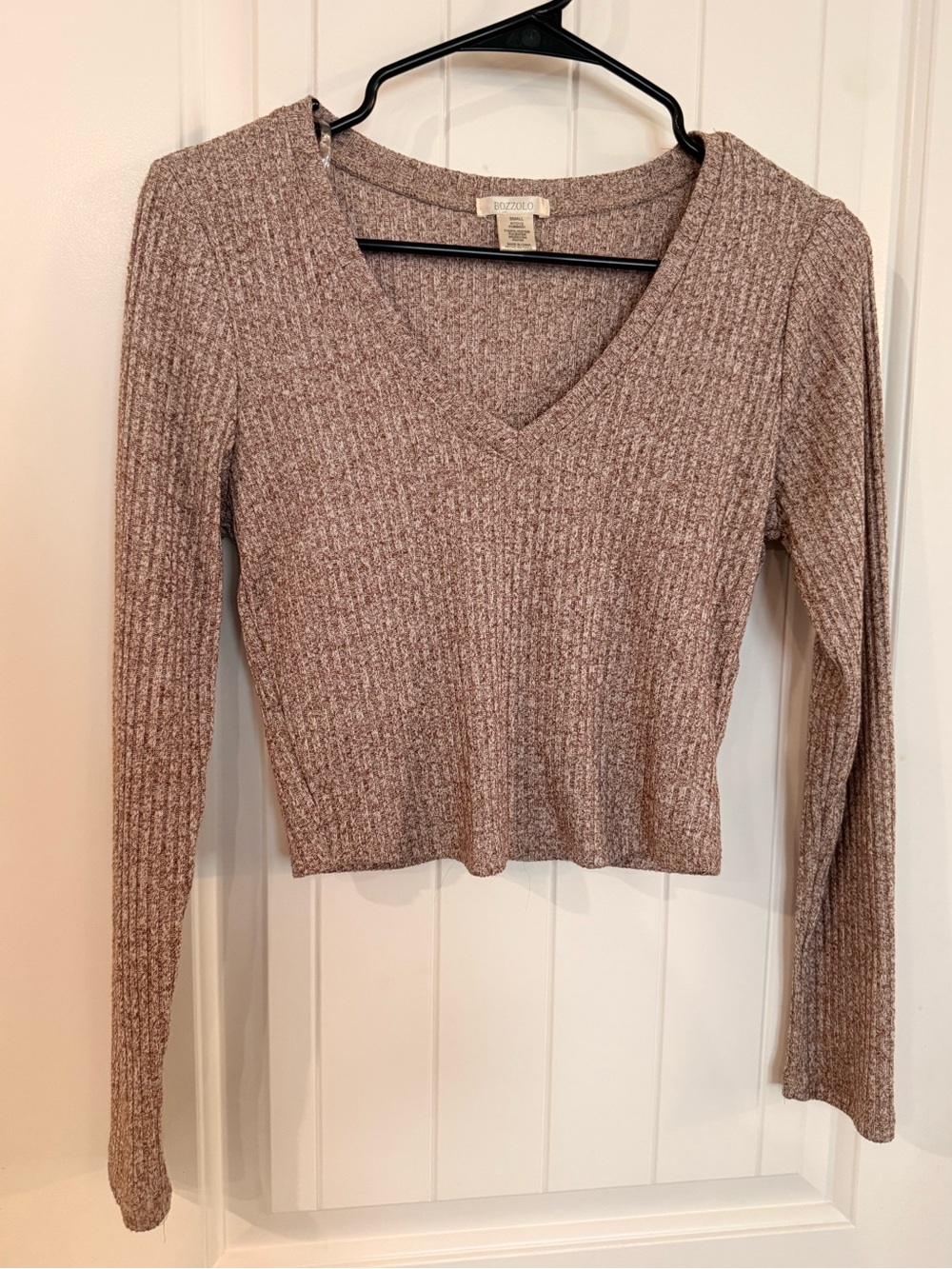 Bozzolo Heather Brown Ribbed V-Neck Long Sleeve Crop Top Size Small